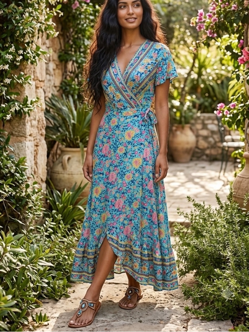 Zesica Floral Wrap Maxi Dress in Turquoise Blue Medium